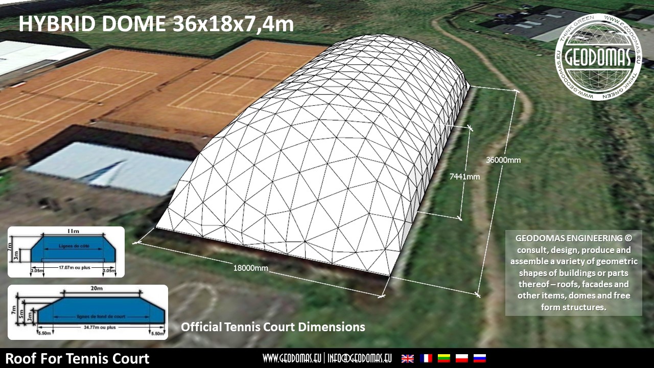 648m2 Teniso Aikštelės Kupolinė Stoginė 36x18x7,4m | Kupolai kortų uždengimui