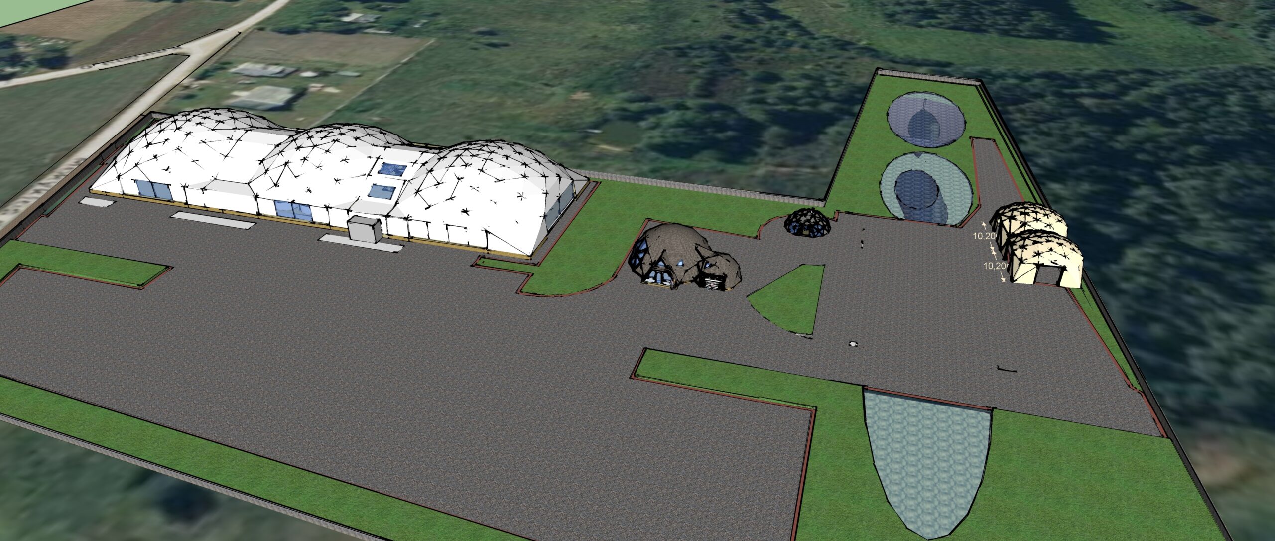 2700m2 Žuvininkystės Kupolinė Stoginė 90x30x7m | Gamybos Cecho Glamping Kupolai