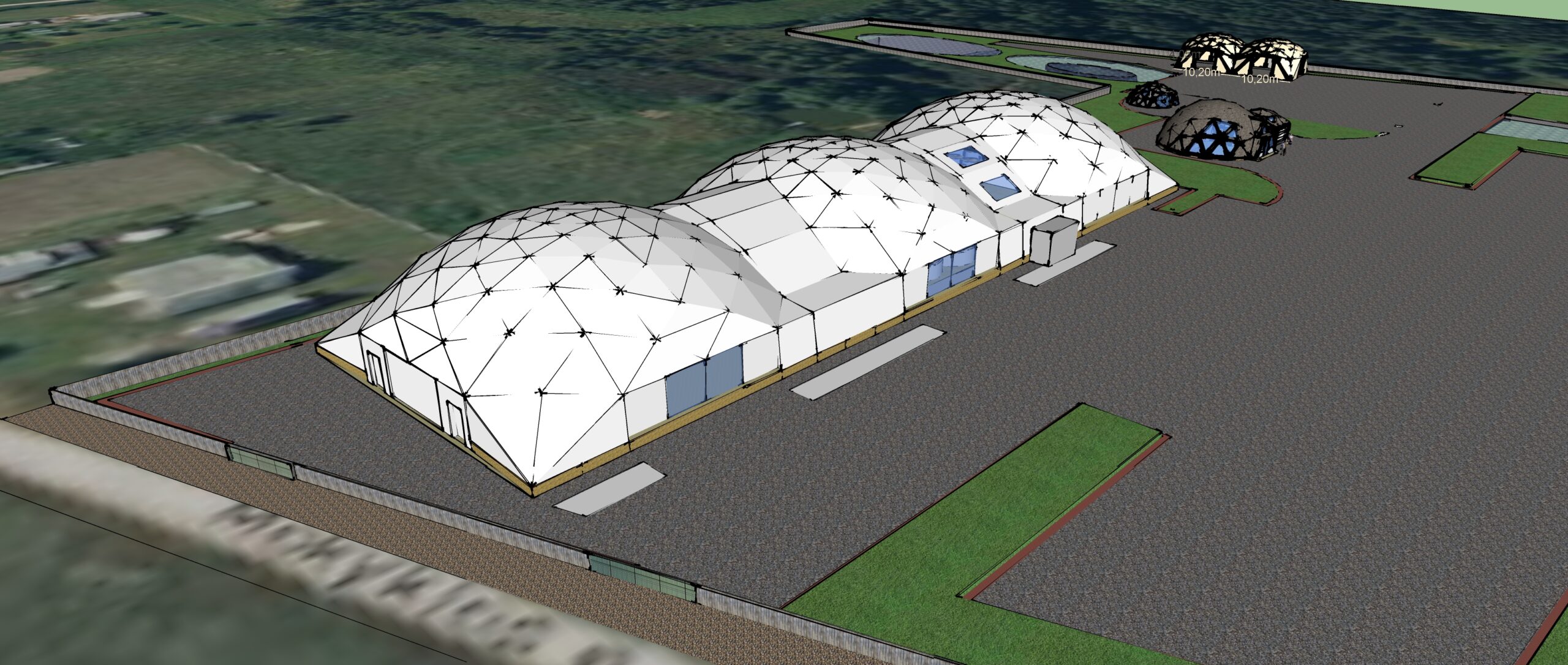 2700m2 Žuvininkystės Kupolinė Stoginė 90x30x7m | Gamybos Cecho Glamping Kupolai