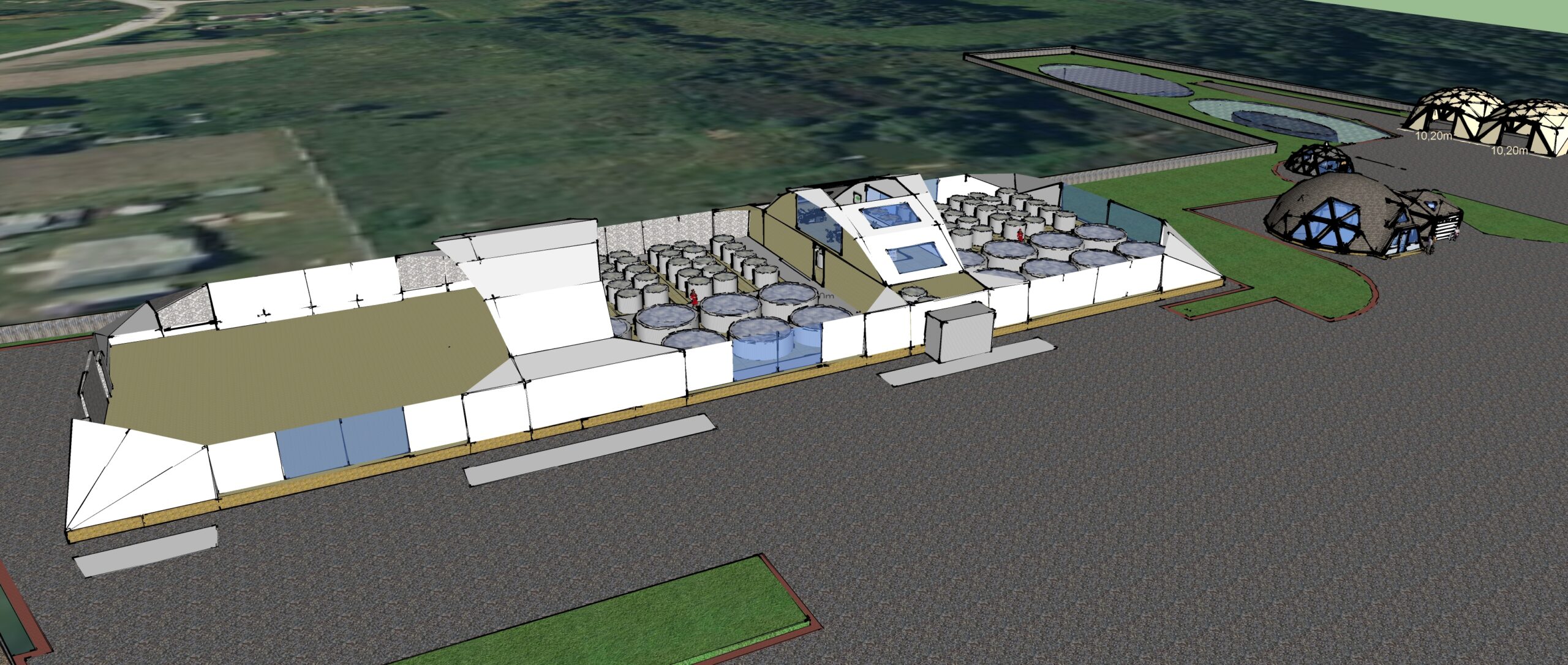 2700m2 Žuvininkystės Kupolinė Stoginė 90x30x7m | Gamybos Cecho Glamping Kupolai
